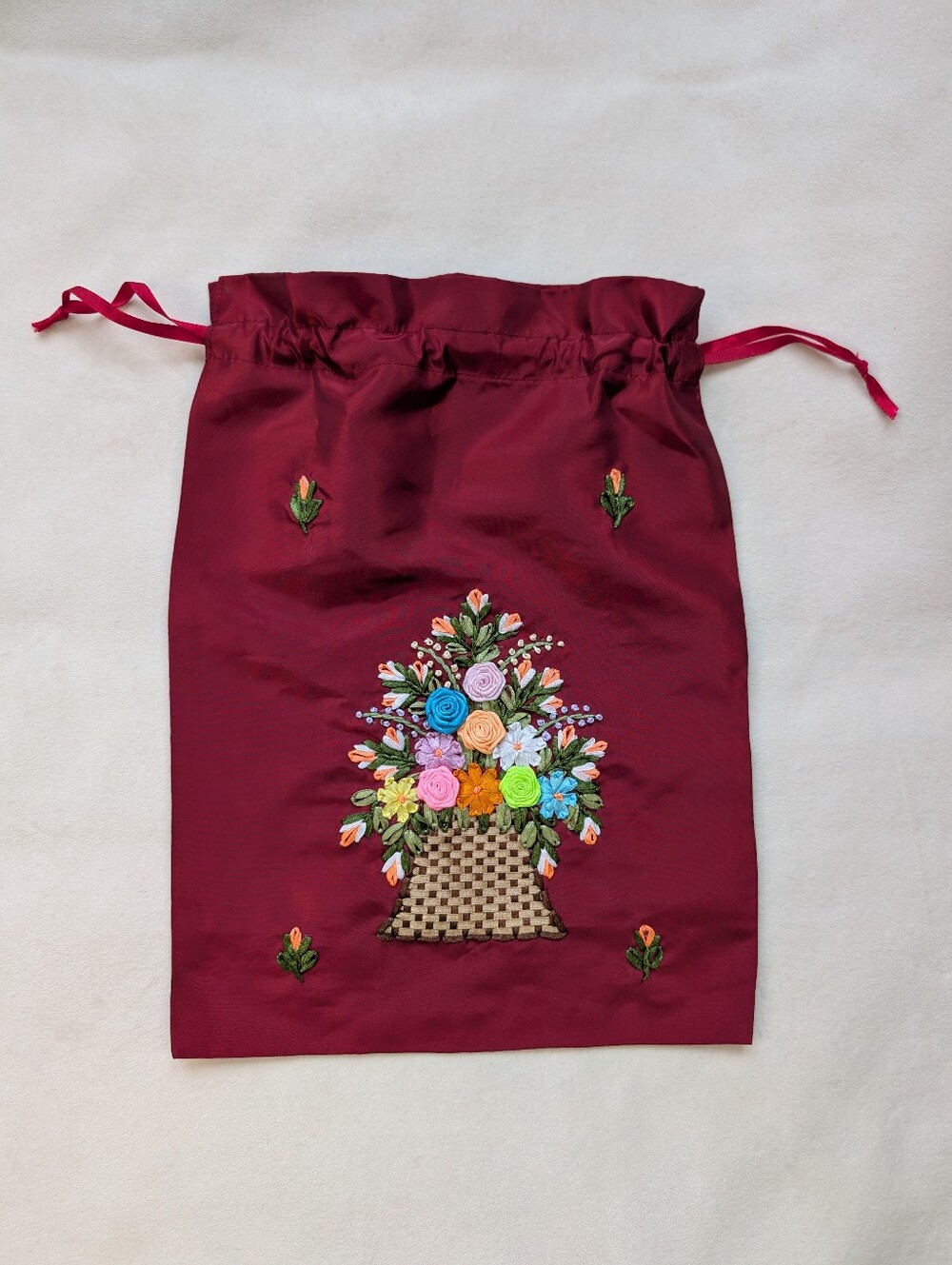 Ribbon Brazilian Embroidery Drawstring Bag Floral Basket Burgundy